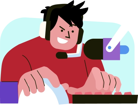 Flat vector illustration of a male gamer wearing a headset, typing on a keyboard, and speaking into a desktop microphone