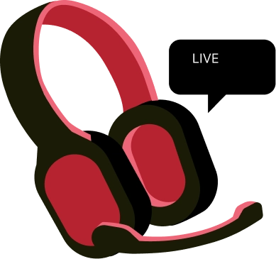 Flat vector illustration of a red and dark brown gaming headset with a microphone next to a LIVE speech bubble