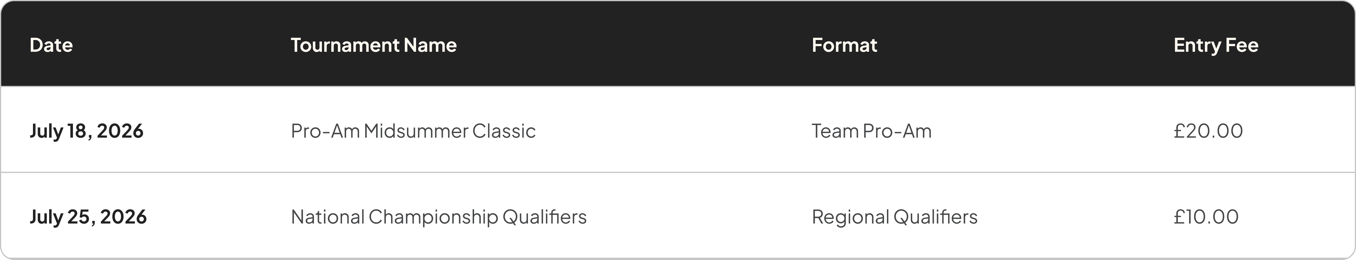 JULY 2026 TOURNAMENT SCHEDULE
